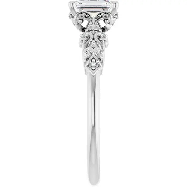 14K White Gold 5/8 CTW Emerald Cut Diamond Engagement Ring with Vintage-Inspired Scroll and Milgrain Accents