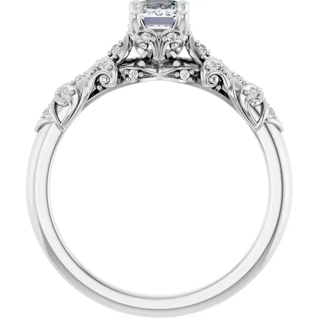 14K White Gold 5/8 CTW Emerald Cut Diamond Engagement Ring with Vintage-Inspired Scroll and Milgrain Accents