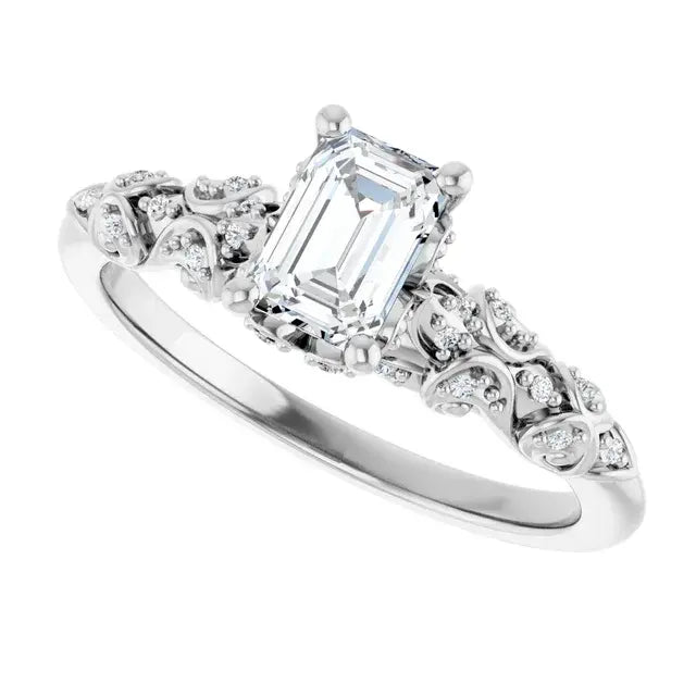 14K White Gold 5/8 CTW Emerald Cut Diamond Engagement Ring with Vintage-Inspired Scroll and Milgrain Accents