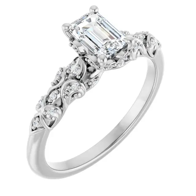 14K White Gold 5/8 CTW Emerald Cut Diamond Engagement Ring with Vintage-Inspired Scroll and Milgrain Accents