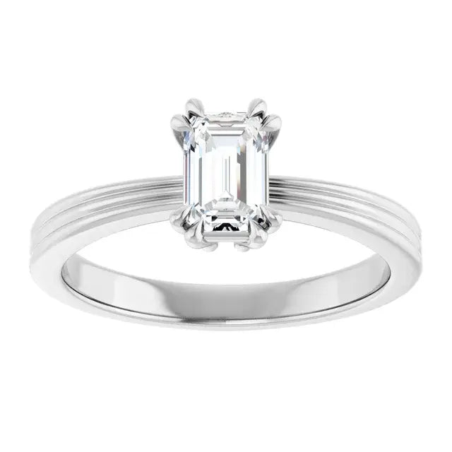 14K White Gold 5/8 CTW Emerald Cut Diamond Solitaire Engagement Ring with Double Claw Prong Setting and Grooved Band
