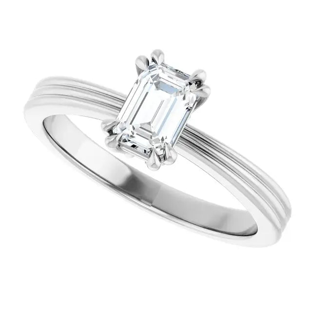 14K White Gold 5/8 CTW Emerald Cut Diamond Solitaire Engagement Ring with Double Claw Prong Setting and Grooved Band