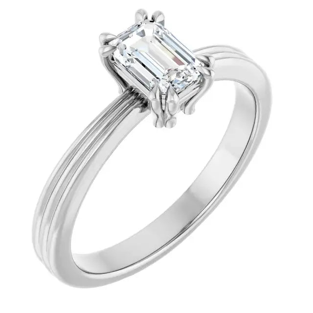 14K White Gold 5/8 CTW Emerald Cut Diamond Solitaire Engagement Ring with Double Claw Prong Setting and Grooved Band