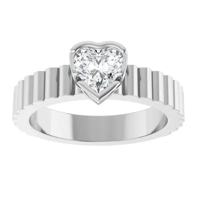 14K White Gold 5/8 CTW Heart Cut Diamond Engagement Ring with Bezel Setting and Grooved Band