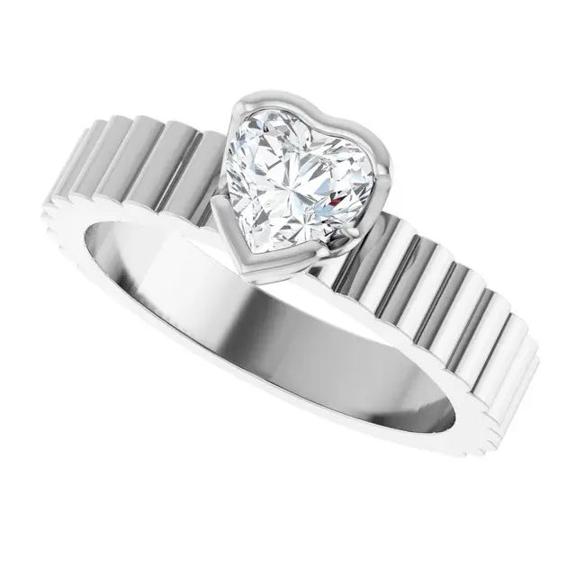 14K White Gold 5/8 CTW Heart Cut Diamond Engagement Ring with Bezel Setting and Grooved Band