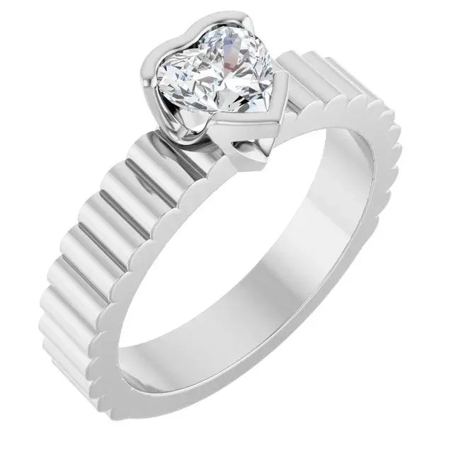 14K White Gold 5/8 CTW Heart Cut Diamond Engagement Ring with Bezel Setting and Grooved Band