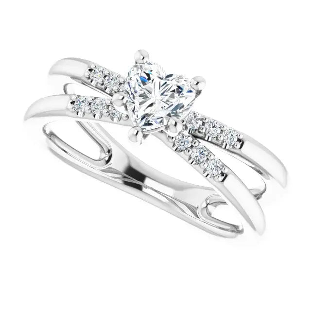 14K White Gold 5/8 CTW Heart Cut Diamond Engagement Ring with Split Shank and Round Accent Diamonds