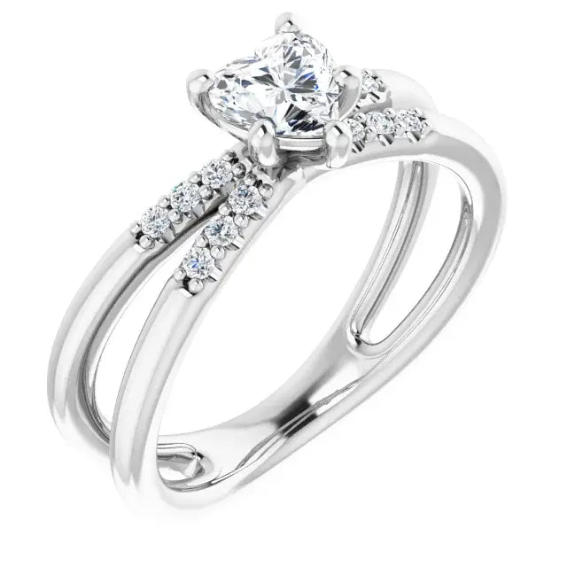 14K White Gold 5/8 CTW Heart Cut Diamond Engagement Ring with Split Shank and Round Accent Diamonds