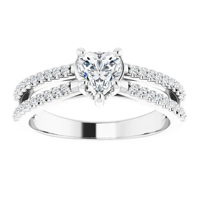 14K White Gold 5/8 CTW Heart Cut Diamond Ring with Double Row Pavé-Set Accents