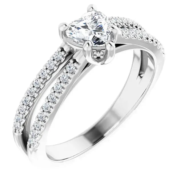 14K White Gold 5/8 CTW Heart Cut Diamond Ring with Double Row Pavé-Set Accents