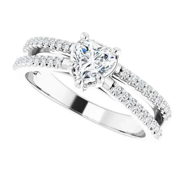 14K White Gold 5/8 CTW Heart Cut Diamond Ring with Double Row Pavé-Set Accents