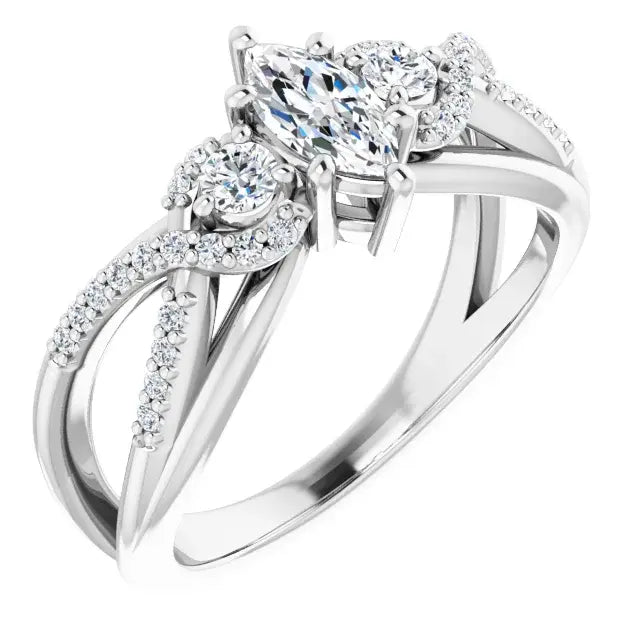 14K White Gold 5/8 CTW Marquise-Cut Diamond Three-Stone Engagement Ring with Twisted Pave Split Shank