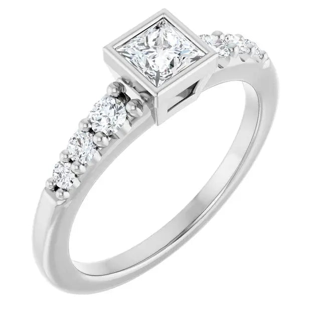 14K White Gold 5/8 CTW Princess-Cut Diamond Engagement Ring with Bezel Setting and Graduated Side Stones