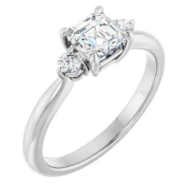 14K White Gold 7/8 CTW Asscher-Cut Diamond Three-Stone Engagement Ring with Round Accents