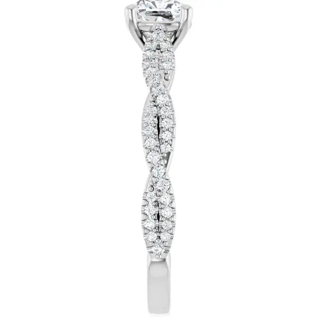 14K White Gold 7/8 CTW Cushion Cut Diamond Engagement Ring with Twisted Pavé Band