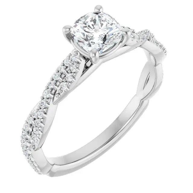 14K White Gold 7/8 CTW Cushion-Cut Diamond Engagement Ring with Twisted Pavé Band