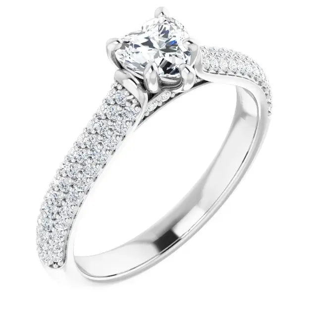 14K White Gold 7/8 CTW Heart-Cut Diamond Engagement Ring with Triple Row Pave Band
