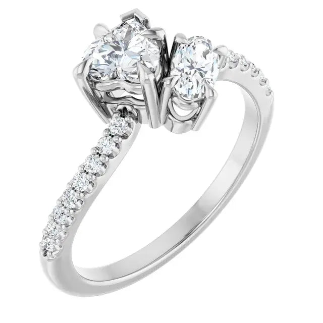14K White Gold 7/8 CTW Heart Cut Diamond Two-Stone Engagement Ring with Pavé Split Band