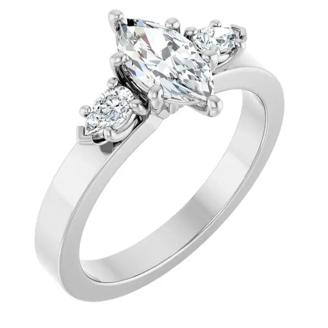 14K White Gold 9/10 CTW Marquise-Cut Diamond Three-Stone Engagement Ring with Oval Side Accents