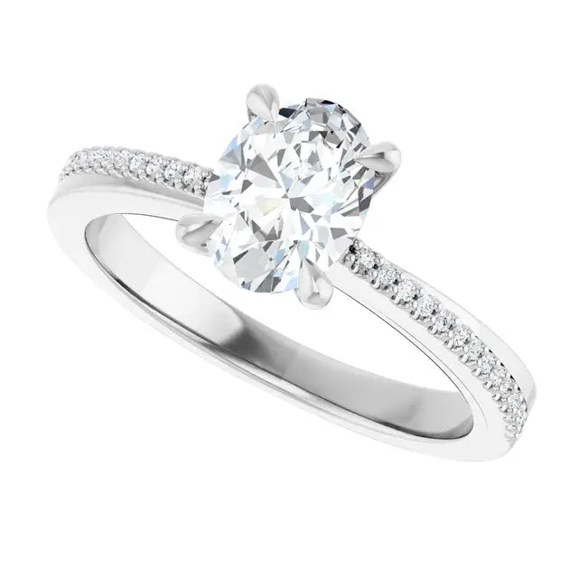 14K White Gold 9/10 CTW Oval-Cut Diamond Engagement Ring with Claw-Prong Setting and Pavé Band