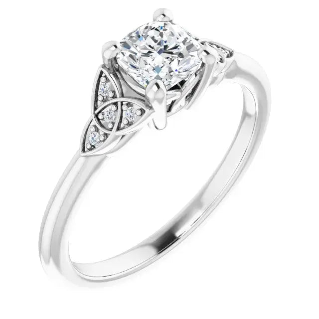 14K White Gold Cushion-Cut Diamond Engagement Ring with Celtic Knot Accents