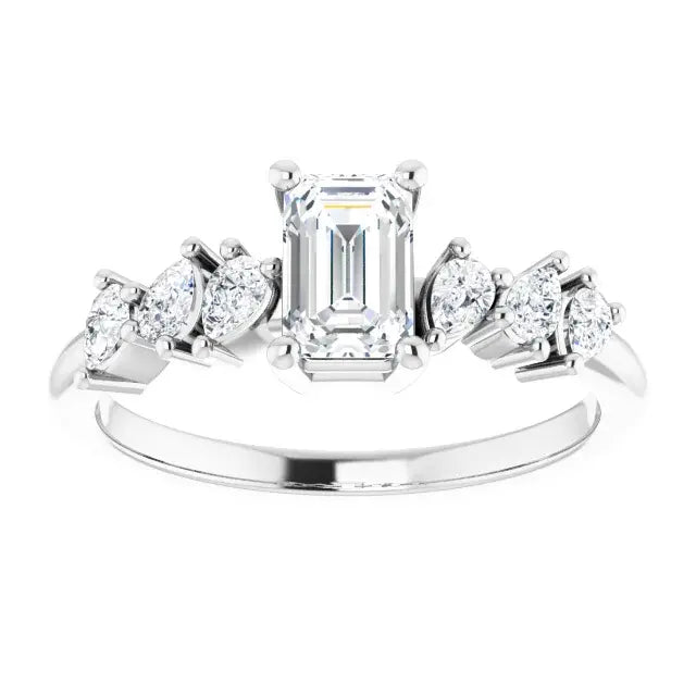14K White Gold Emerald Cut Diamond Engagement Ring with Marquise and Round Accent Diamonds