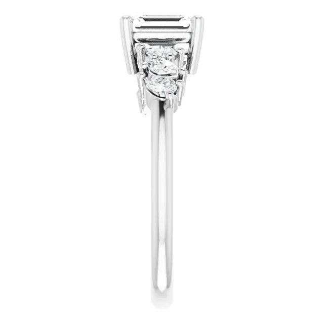 14K White Gold Emerald Cut Diamond Engagement Ring with Marquise and Round Accent Diamonds