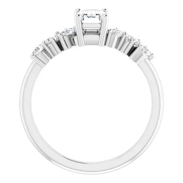 14K White Gold Emerald Cut Diamond Engagement Ring with Marquise and Round Accent Diamonds