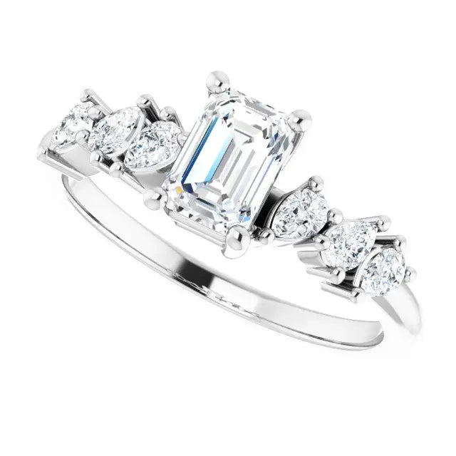 14K White Gold Emerald Cut Diamond Engagement Ring with Marquise and Round Accent Diamonds