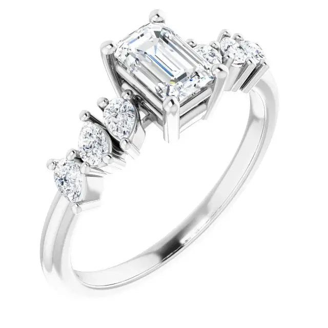 14K White Gold Emerald Cut Diamond Engagement Ring with Marquise and Round Accent Diamonds