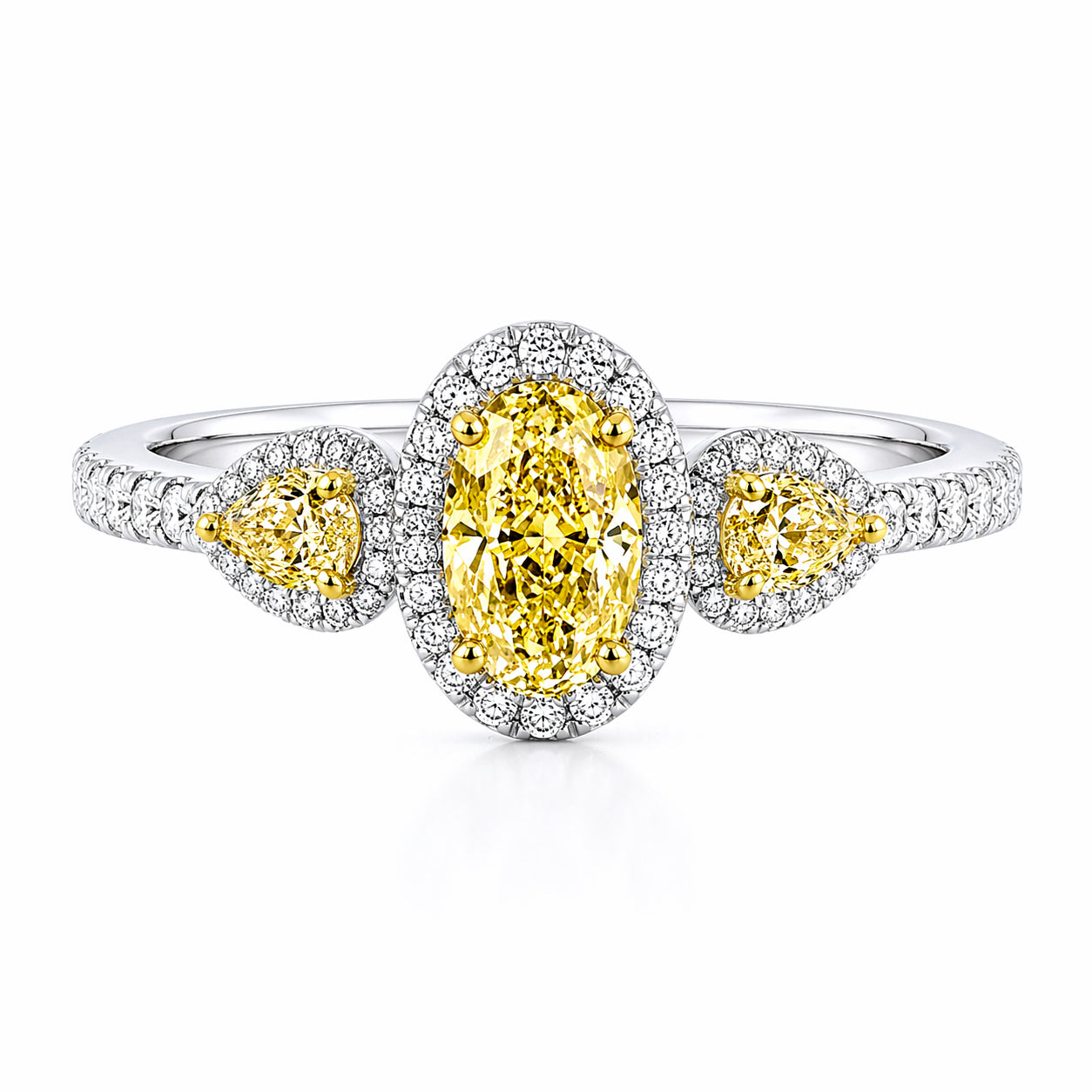 14K White Gold Ring with 1.20 ctw of Natural Yellow Oval and Pear and White Melee Diamonds