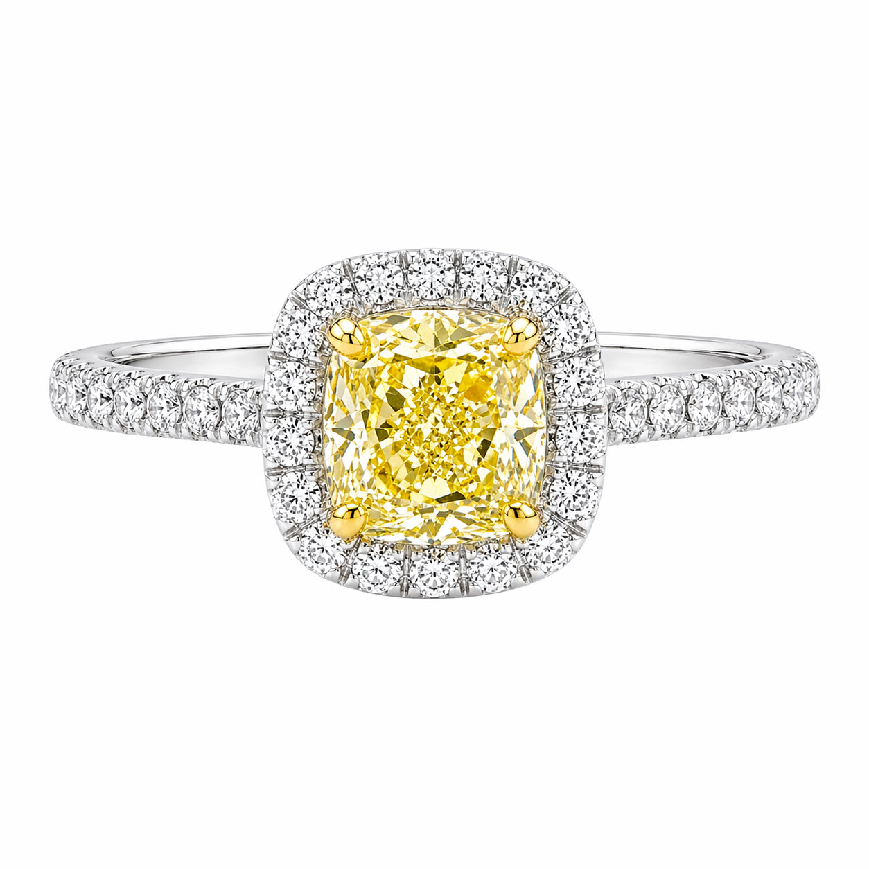14K White Gold Ring with 1.34 ctw of Natural Yellow Cushion and White Melee Diamonds