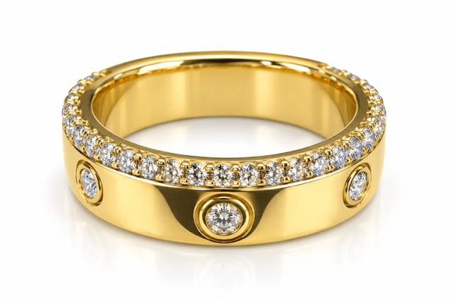 A yellow gold eternity-style ring featuring a continuous row of small clear round diamonds along the top band, with three larger round diamonds set in bezel settings on the front. The ring is photographed on a clean white background with a soft reflection.