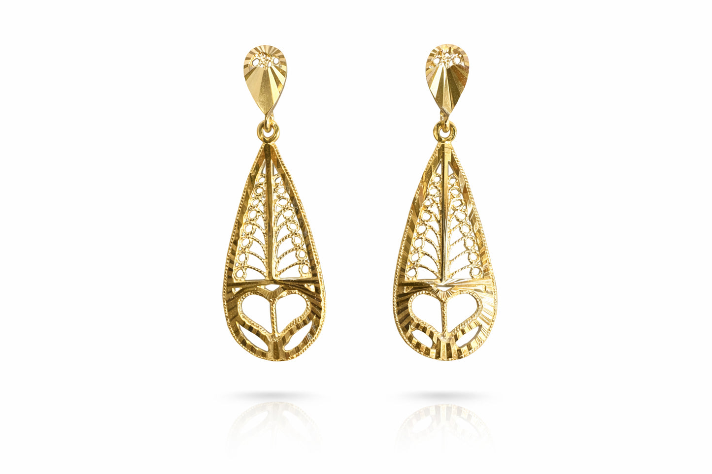 14K Yellow Gold Diamond Cut Filigree Dangle Earrings-