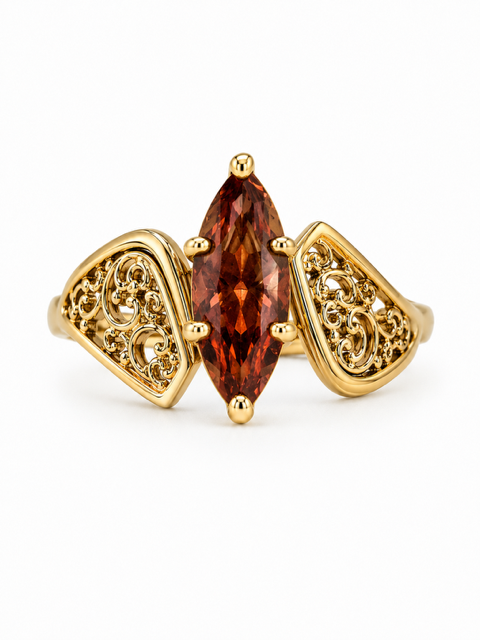 14K Yellow Gold Marquise Cut Reddish Orange Tourmaline Ring