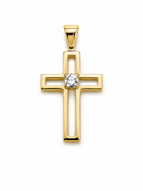 14K Yellow Gold Minimalist Diamond Cross Pendant