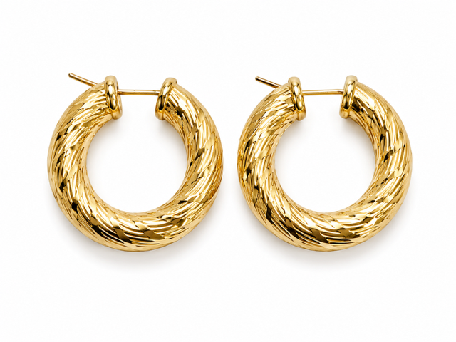 14K Yellow Gold Textured Hoop Earrings