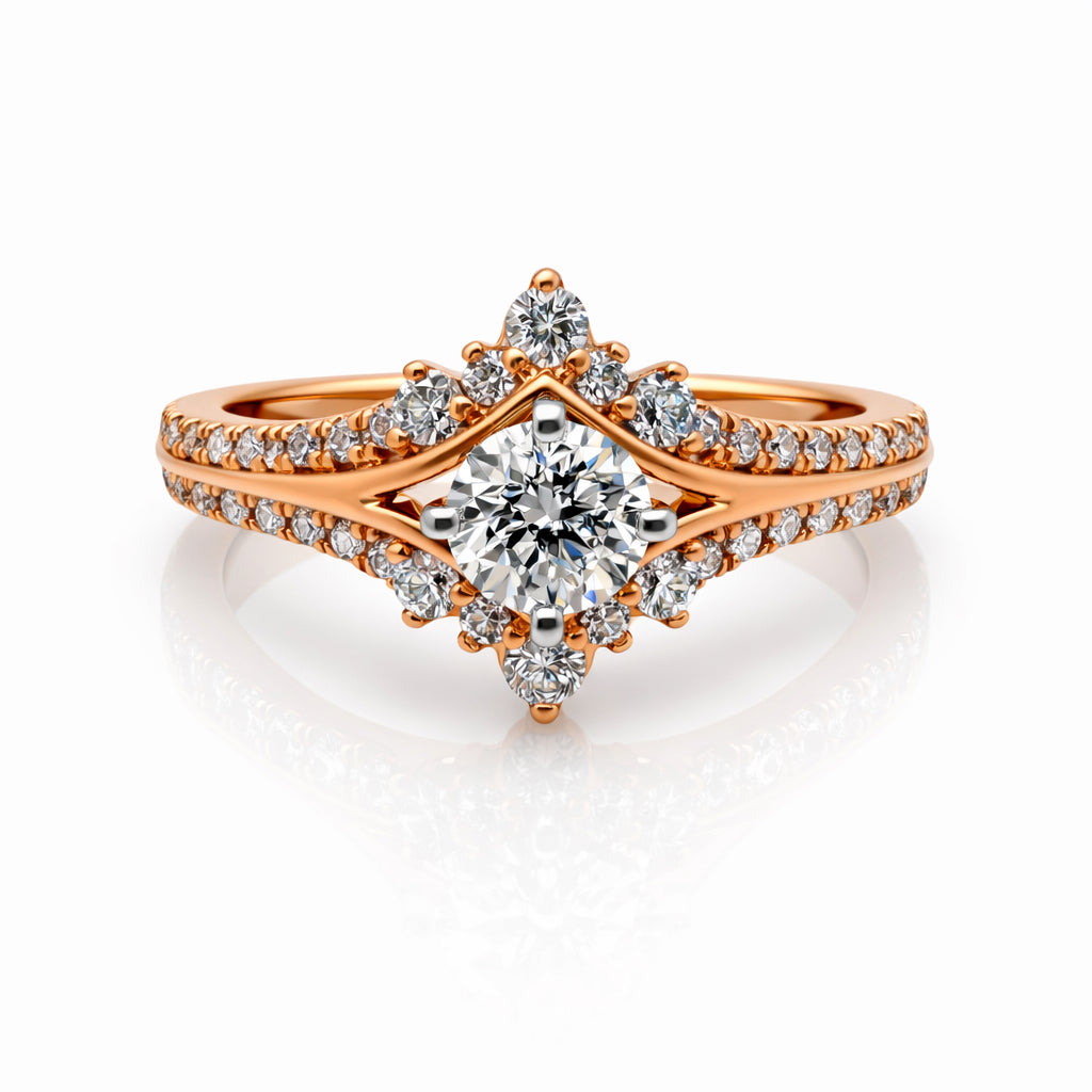 Rose gold diamond ring on a white background