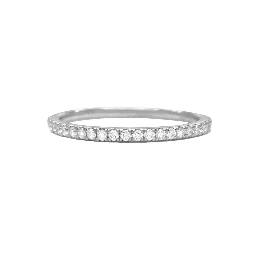 Silver eternity band with round-cut diamonds, on a white background.