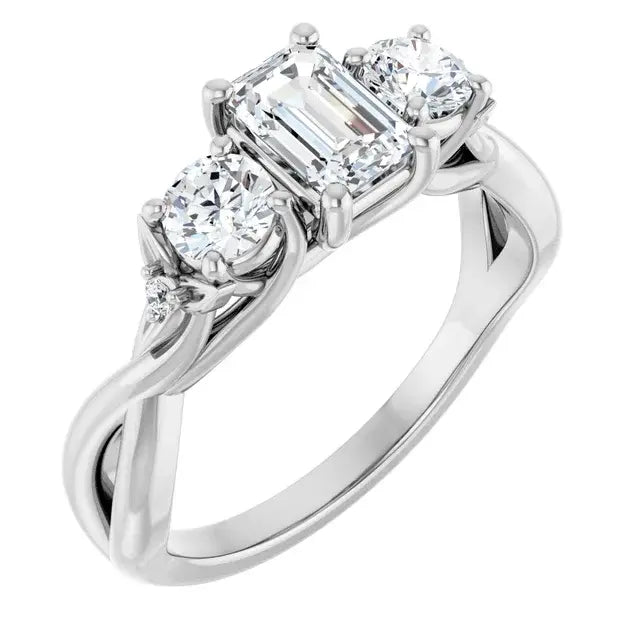 Diamond ring with three clear gemstones on a white background