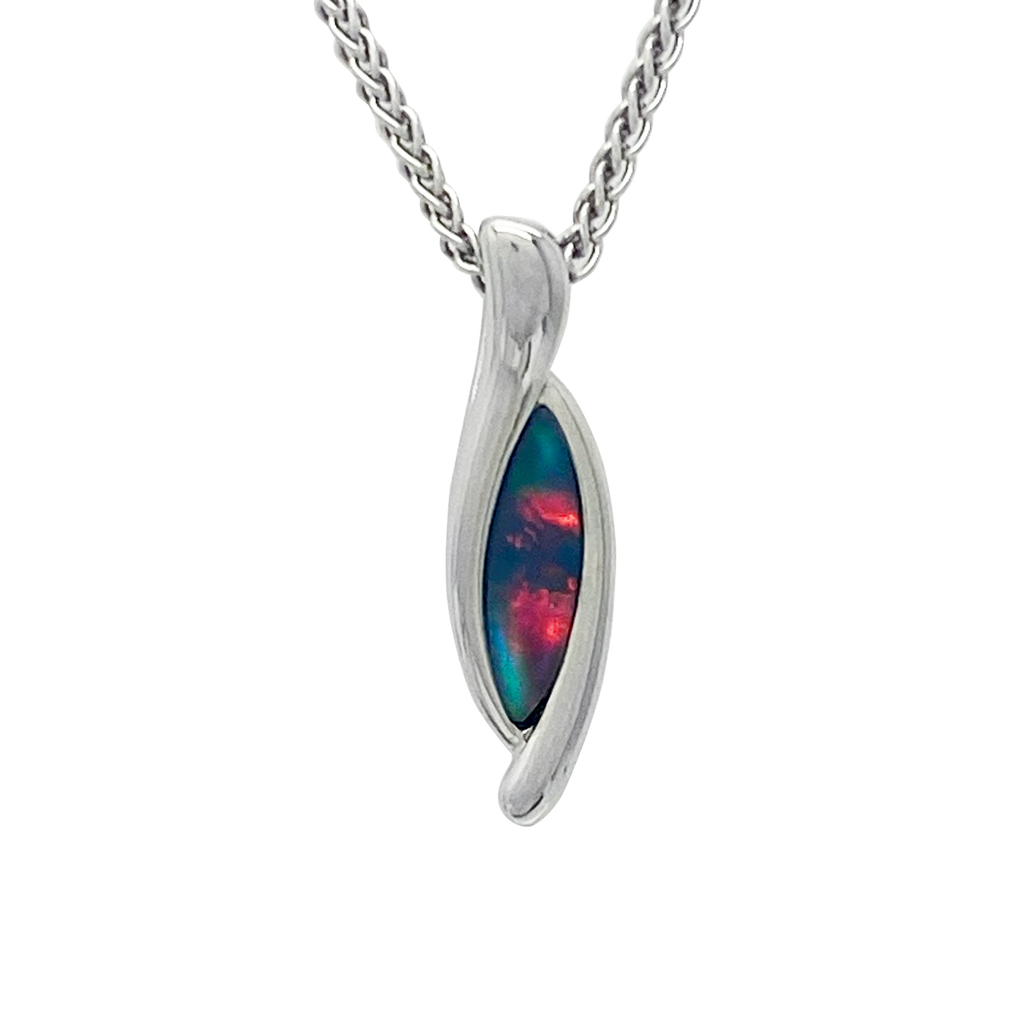 Silver necklace with a colorful pendant on a white background