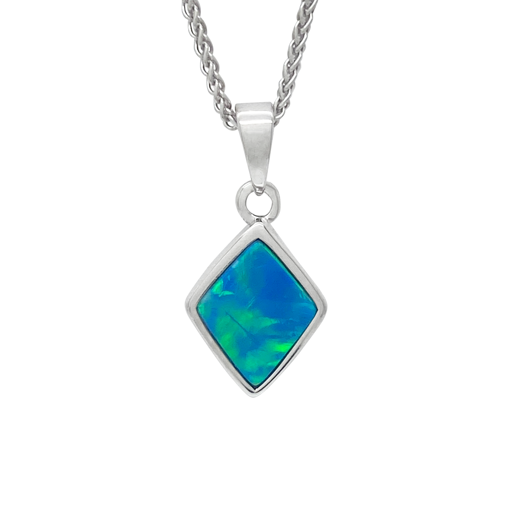 Silver necklace with a blue opal pendant on a white background