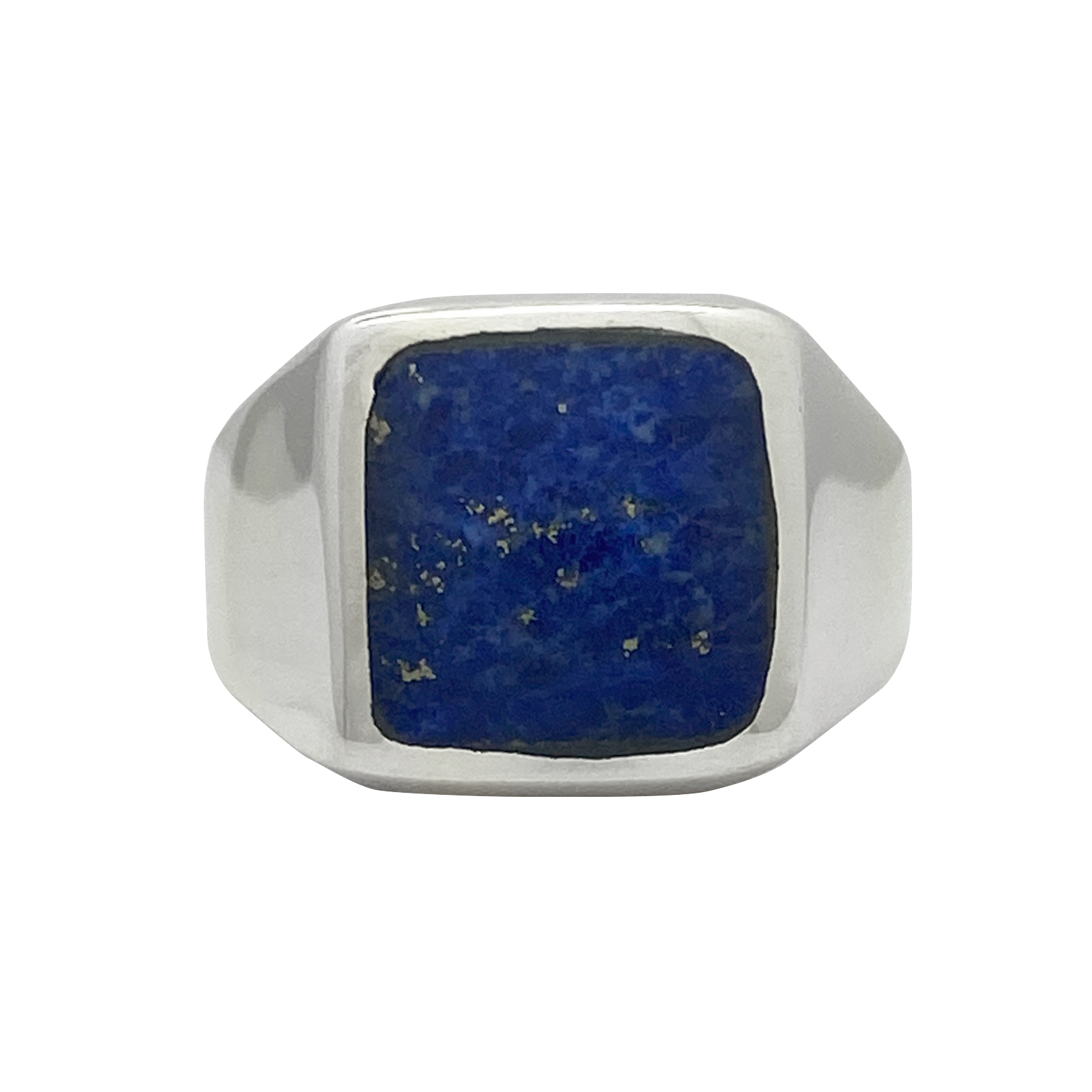 Silver ring with a blue stone on a white background