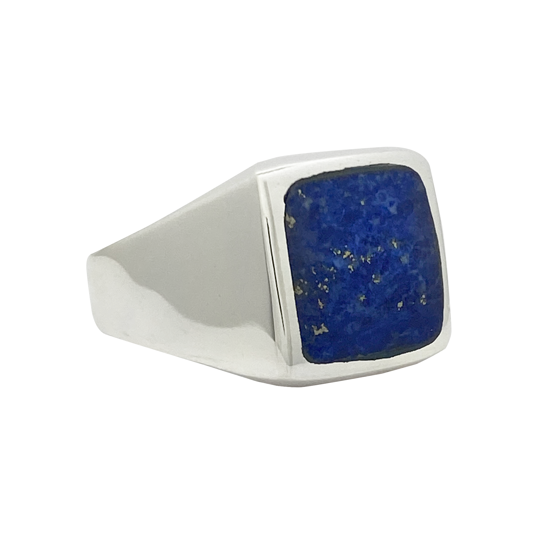 Silver ring with a blue stone on a white background