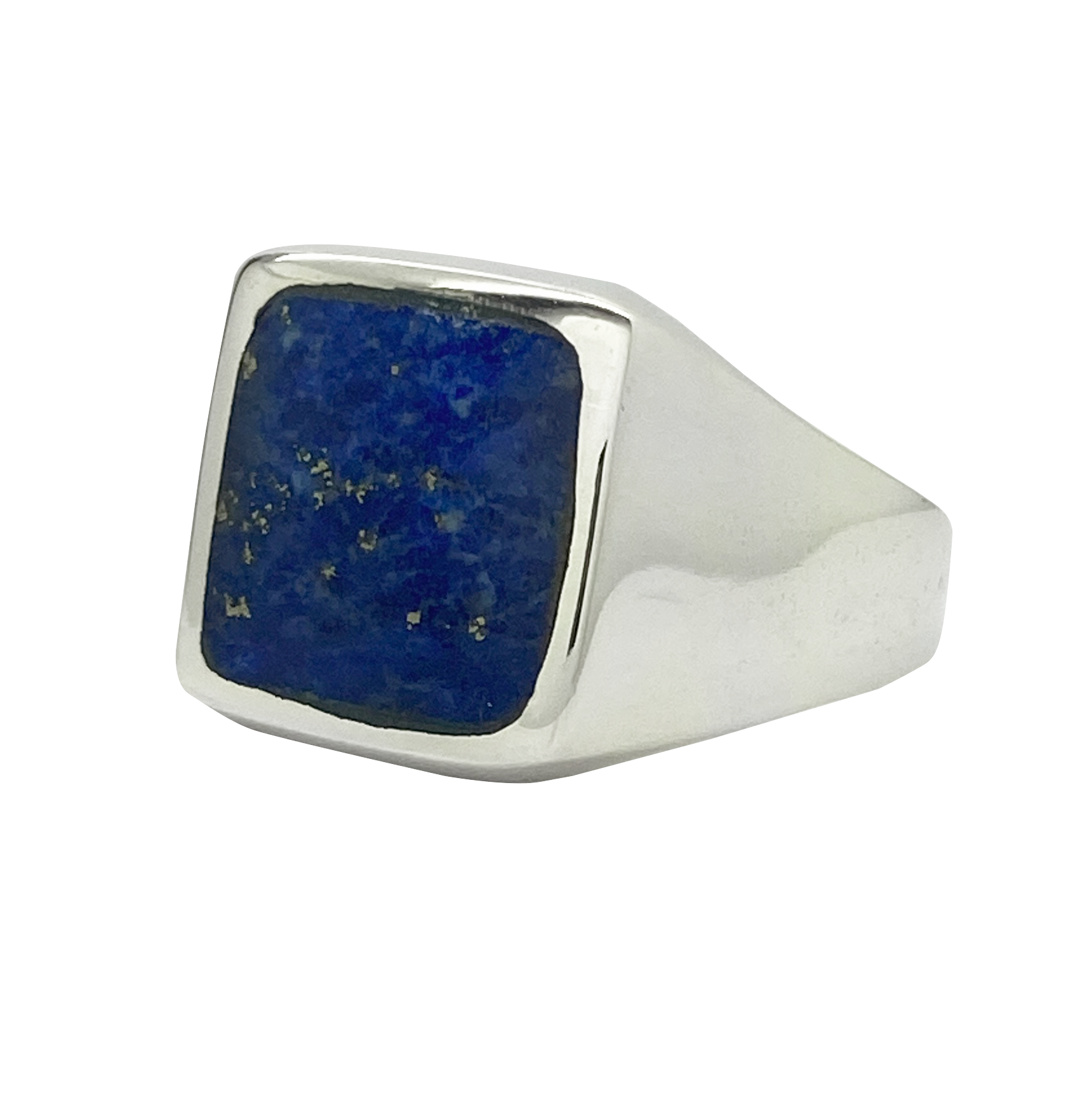 Silver ring with a blue stone on a white background