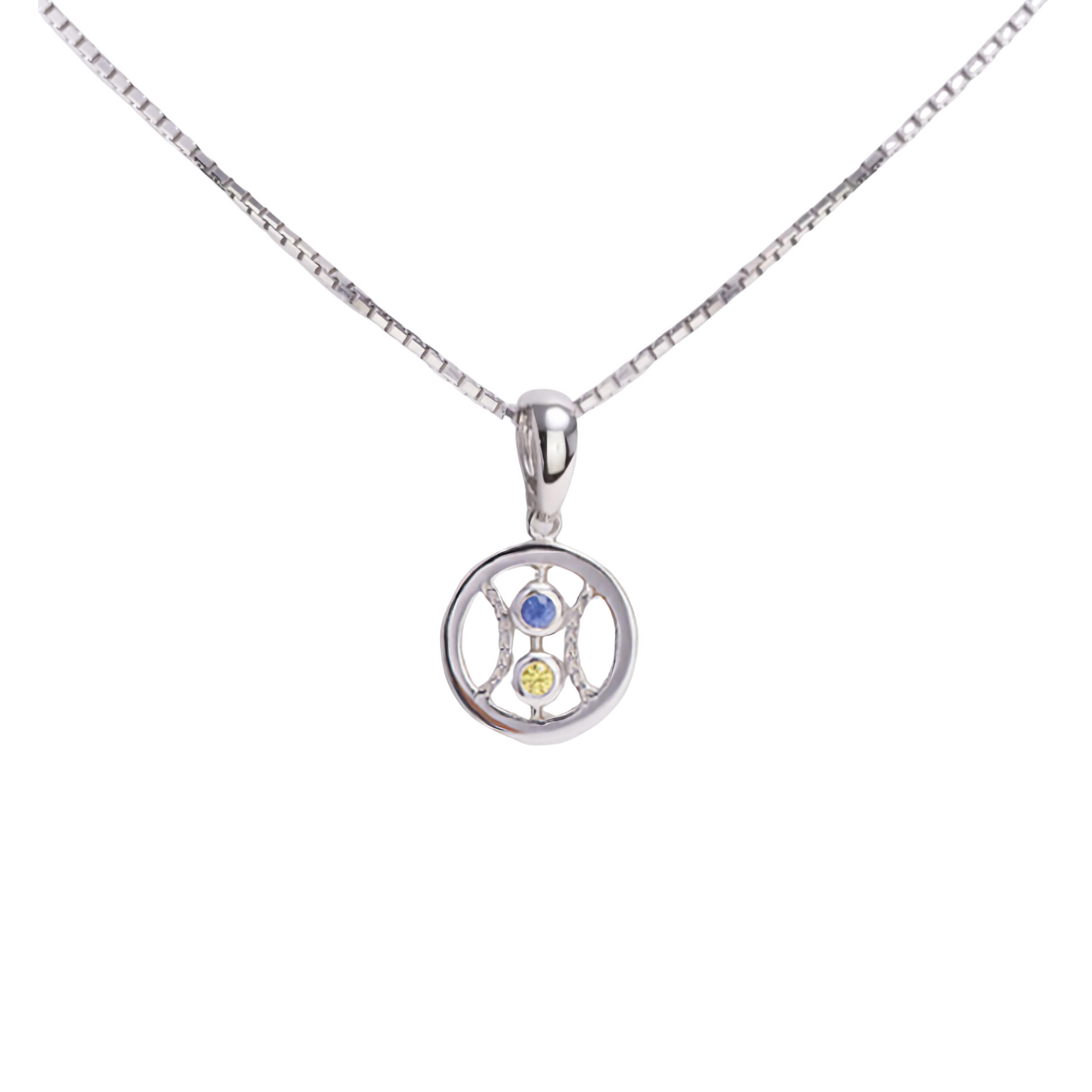 Silver necklace with a circular pendant featuring three colored stones on a white background