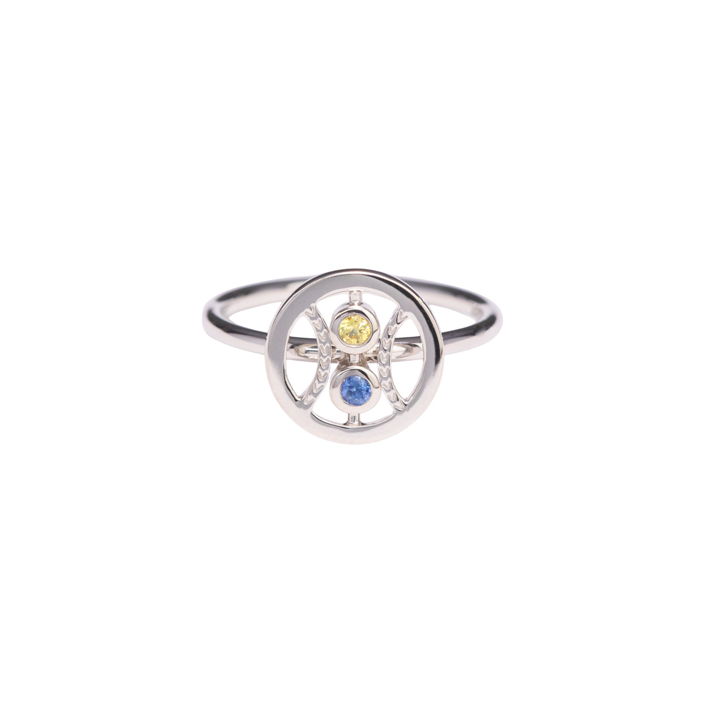 Silver ring with colorful gemstones on a white background