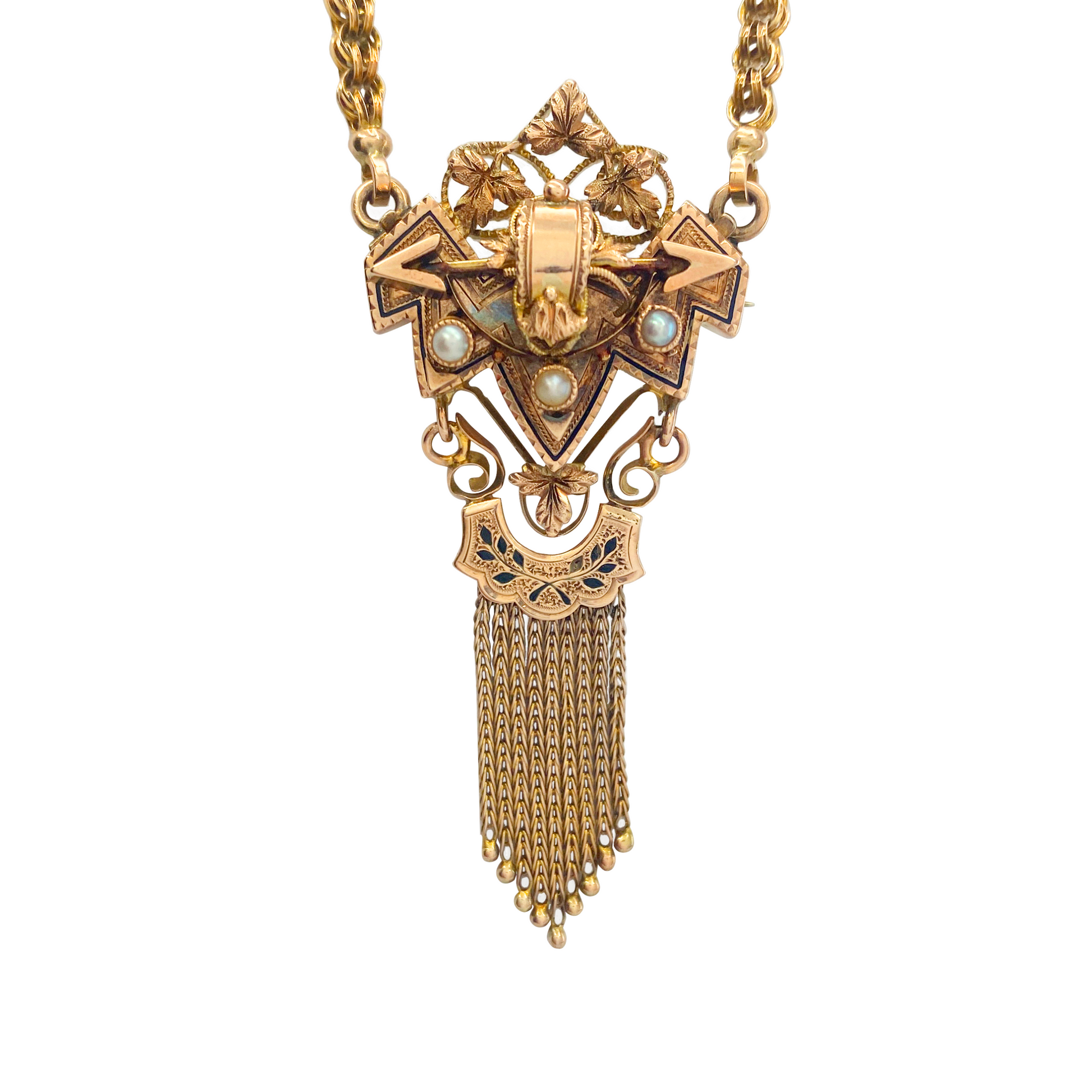Gold necklace with intricate design and tassels on a white background