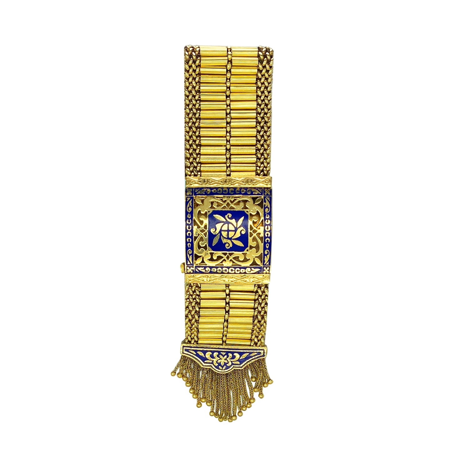 Gold bracelet with blue accents on a white background