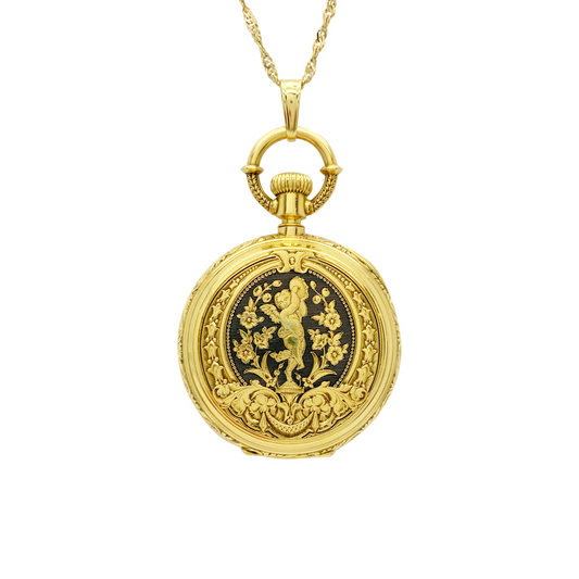 Gold pocket watch with intricate design on a white background
